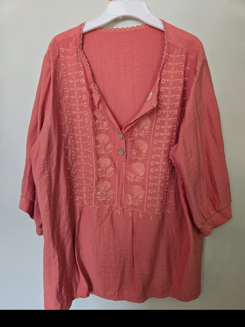 Embroidered V-Neck Peasant Top - Salmon Pink